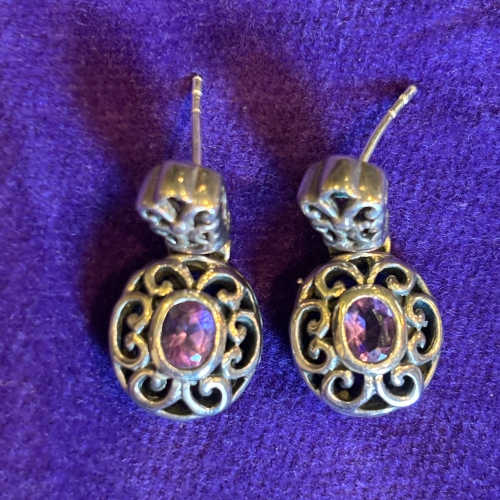 Vintage Purple Amethyst Sterling Silver KS 925 Filigree Drop Earrings